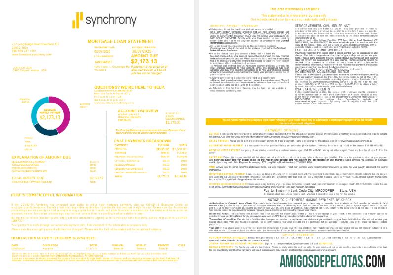 Extrato de empréstimo hipotecário do USA Synchrony Bank em formatos Word e PDF, 4 páginas 1 2 amostra